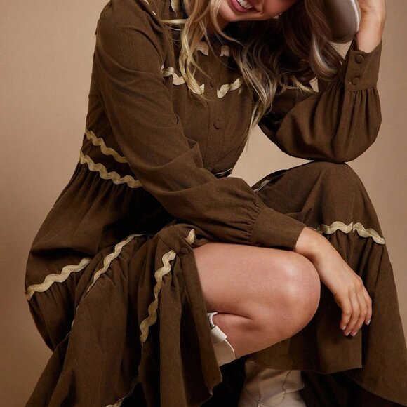 Brown Casual Women's Contrast Trim Crewneck Button Front Corduroy Maxi Dress - Picture 6 of 6